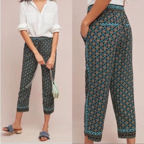 Anthropologie Geometric Drawstring Joggers In Teal and Black Size Small - Picture 1 of 11